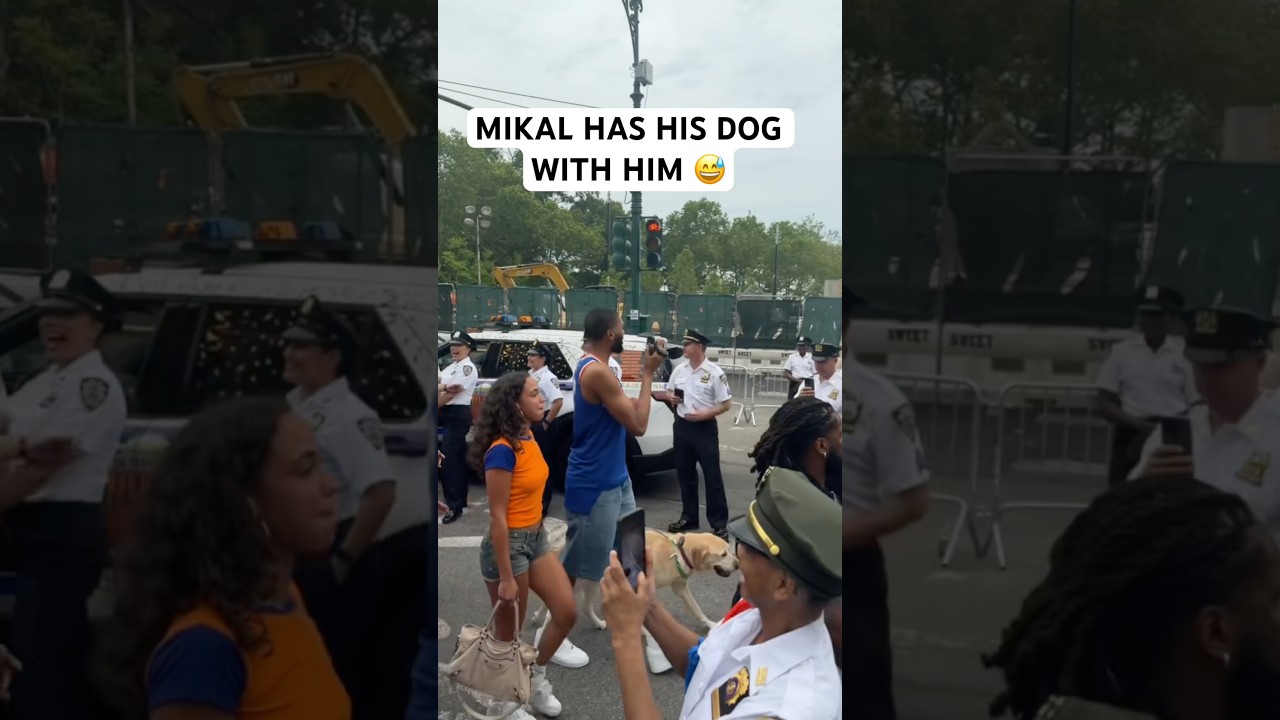 Mikal Bridges has his dog in the Knicks championship parade with him 🐕