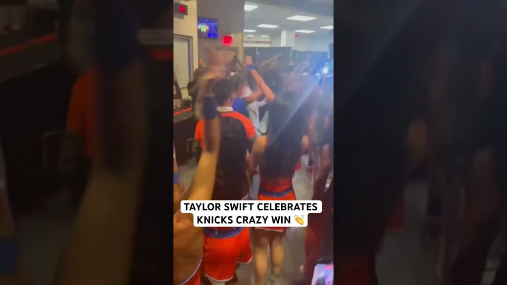 Taylor Swift celebrating with the Knicks dancers after Game 4 win