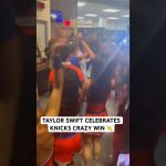 Taylor Swift celebrating with the Knicks dancers after Game 4 win