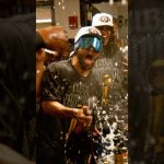 The Finals MVP Jalen Brunson popping champagne in the locker room 🍾