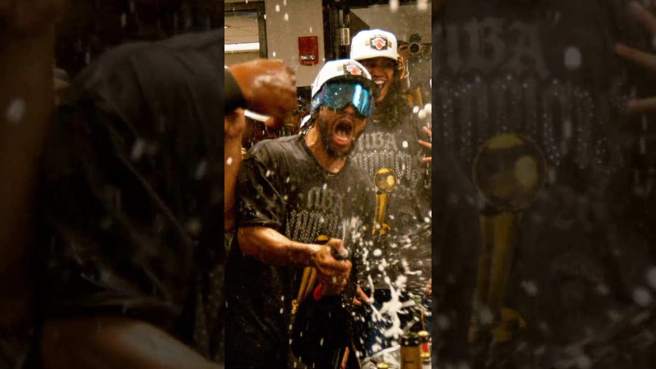 The Finals MVP Jalen Brunson popping champagne in the locker room 🍾